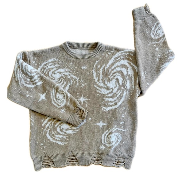 Manfinity Tan Knit Sweatshirt Galaxy Graphic And Distressed Detailing Size Large - Picture 1 of 7